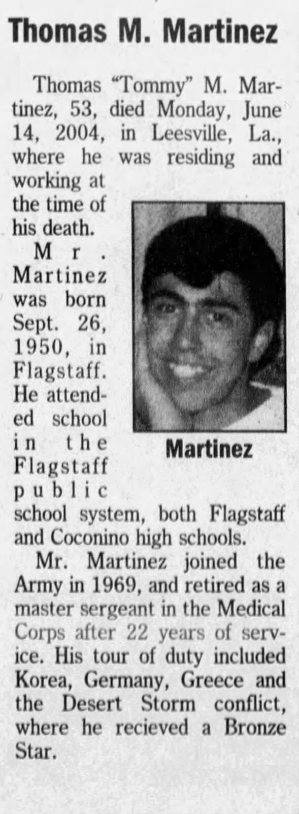 Obituary for Thomas M. Martinez, 1950-2004 (Aged 53)